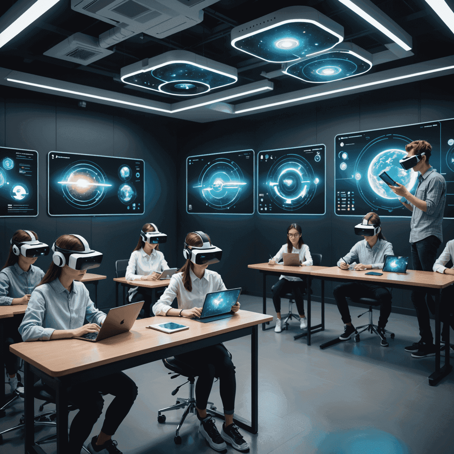 A futuristic classroom with students using VR headsets and AI-powered tablets, surrounded by holographic displays showing educational content