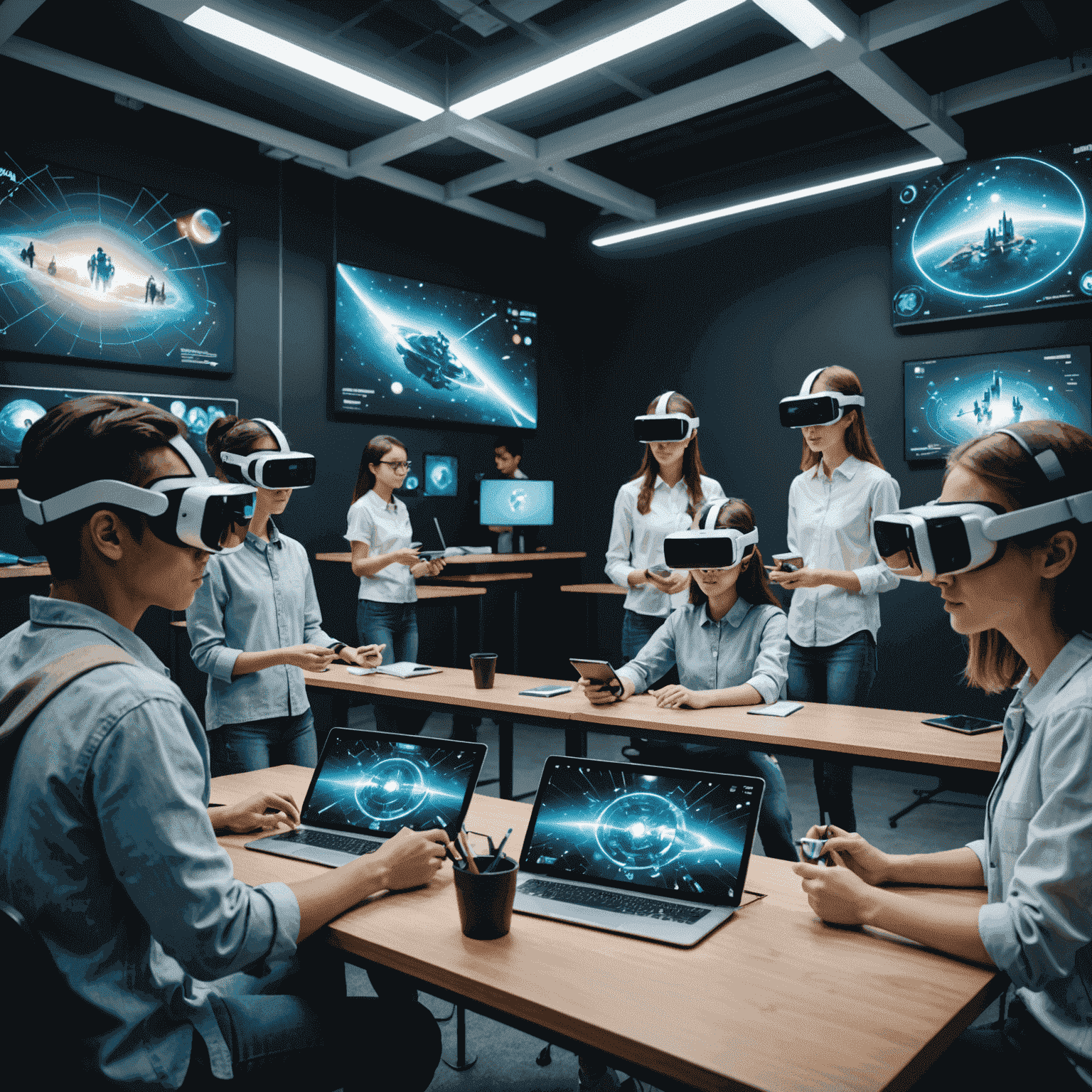 A futuristic classroom with students using VR headsets and AI-powered tablets, surrounded by holographic displays showing educational content