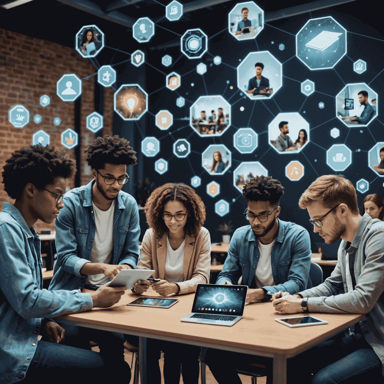 A diverse group of students engaging with tablets and laptops, surrounded by holographic displays showing various educational subjects. The image represents the cutting-edge nature of online learning trends.