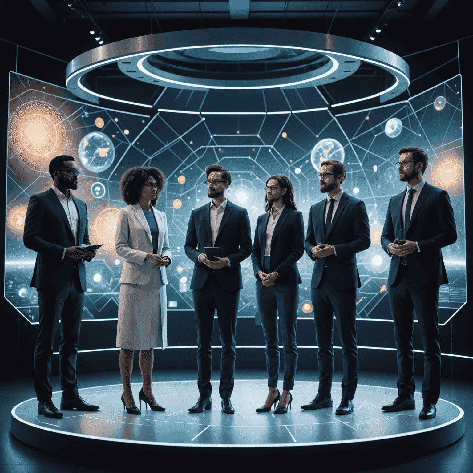 Group of diverse industry experts standing on a futuristic stage with holographic displays showing educational technology concepts