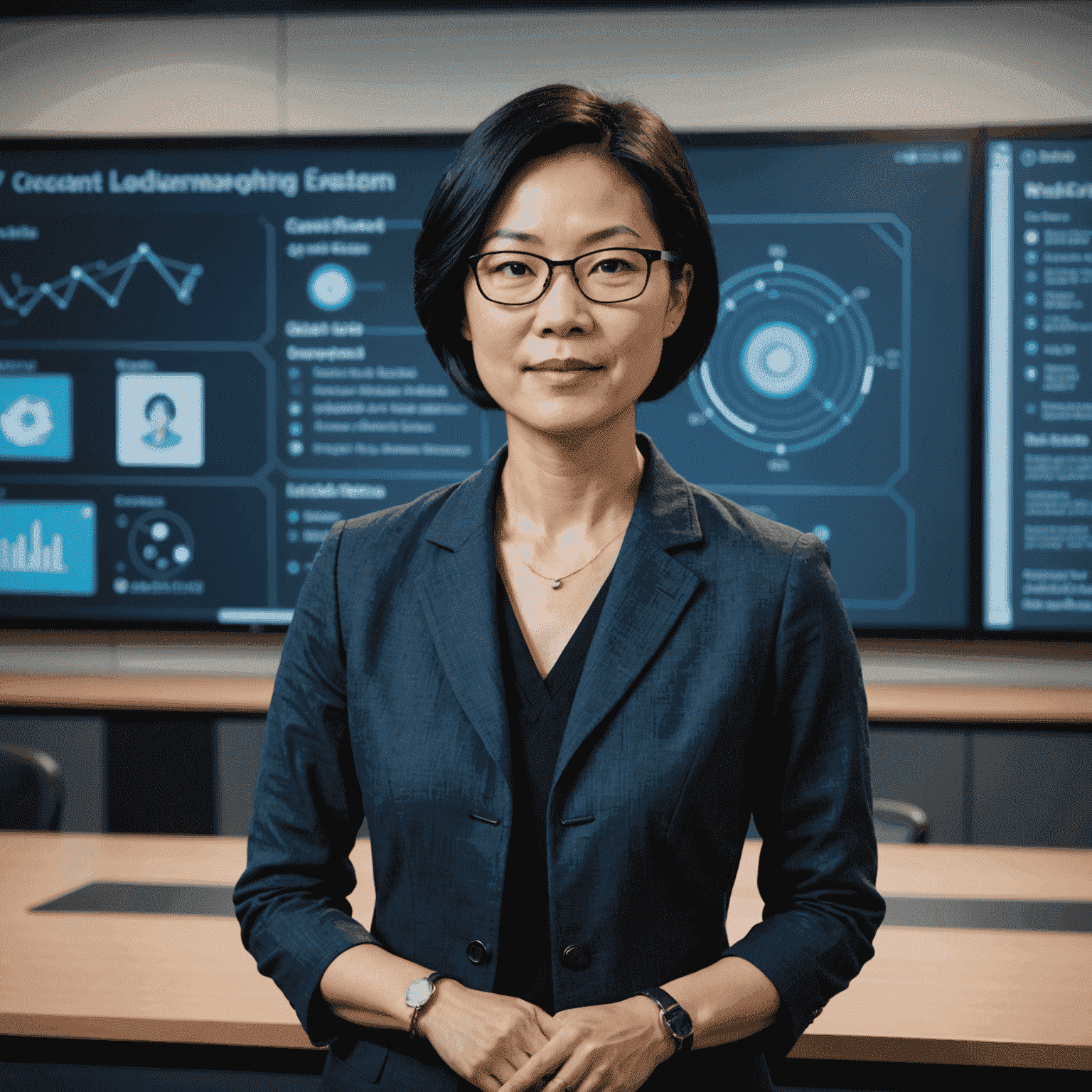 Dr. Emily Chen, an Asian woman in her 40s with short black hair and glasses, standing in front of a virtual classroom display