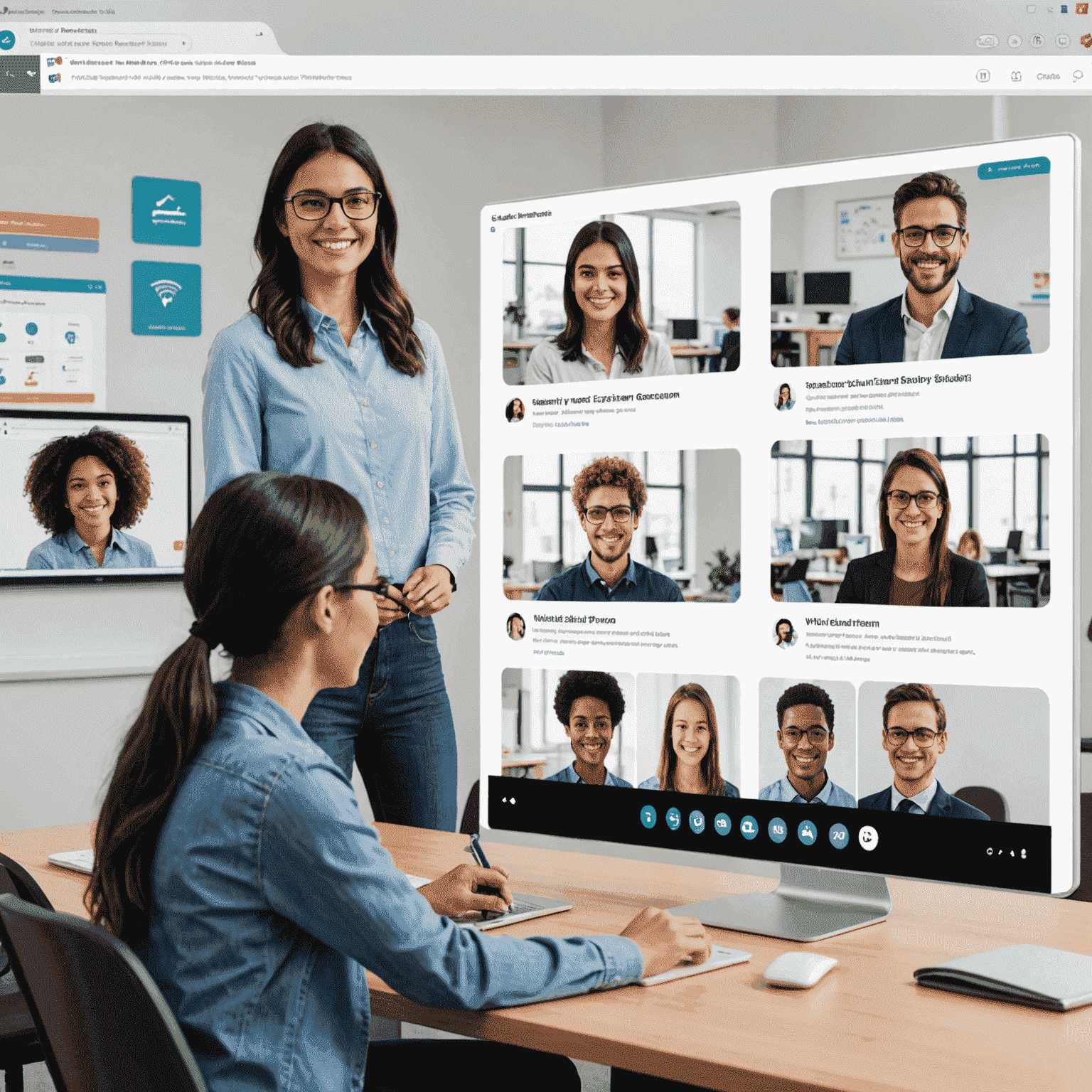 VirtualLearn Pro platform interface showing a virtual classroom with interactive whiteboard and student avatars