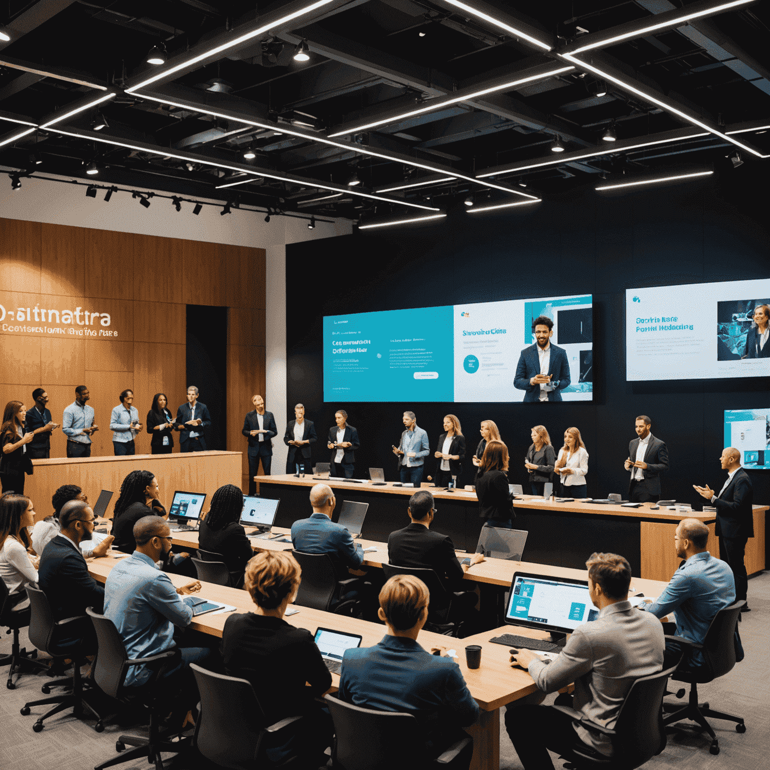 A diverse group of education professionals networking in a modern, tech-inspired conference space. Attendees are engaged in animated discussions, with digital displays and interactive screens visible in the background.