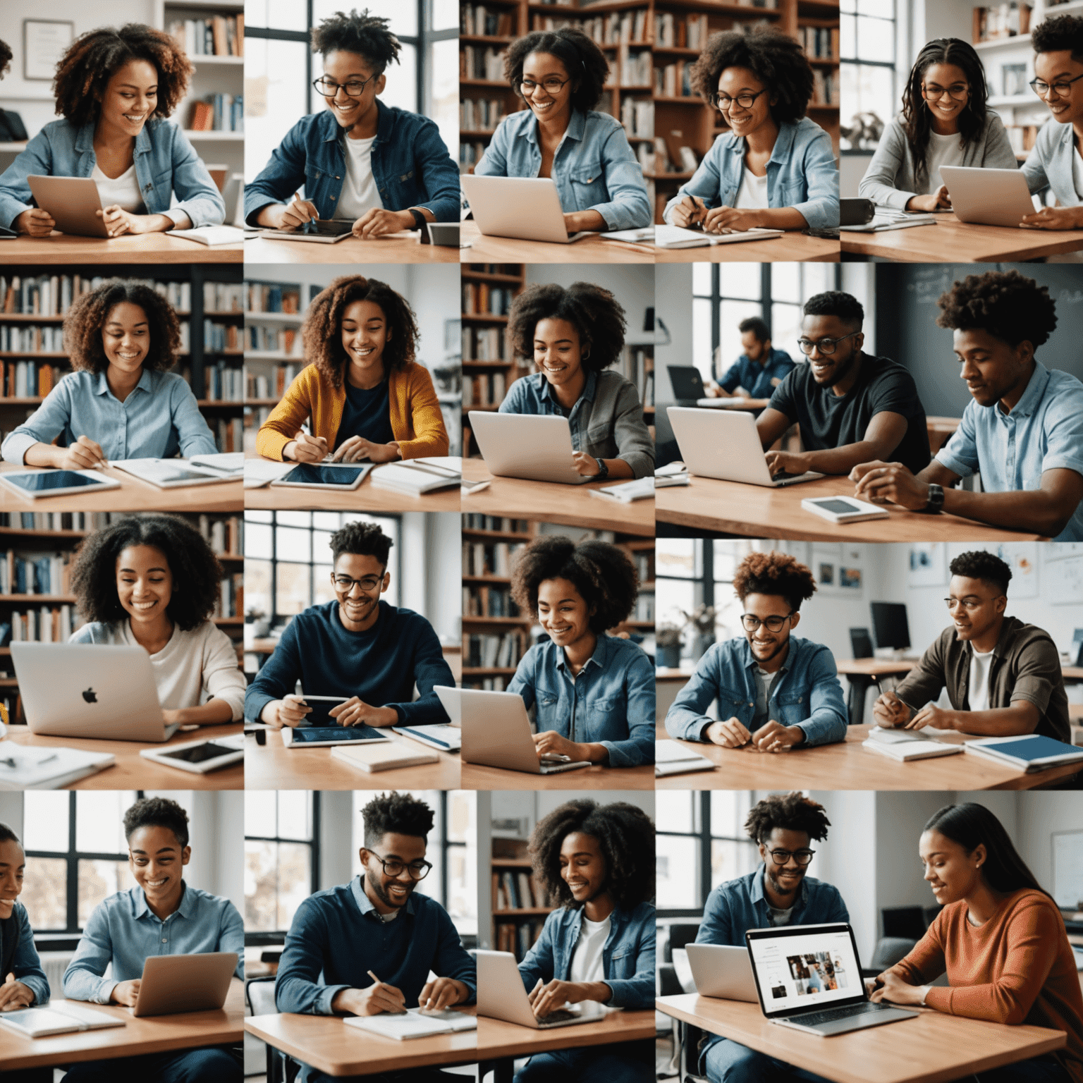 A collage showcasing diverse students engaged in virtual learning environments, using tablets and laptops. The image highlights the global reach of online education and the transformative power of EdTech.