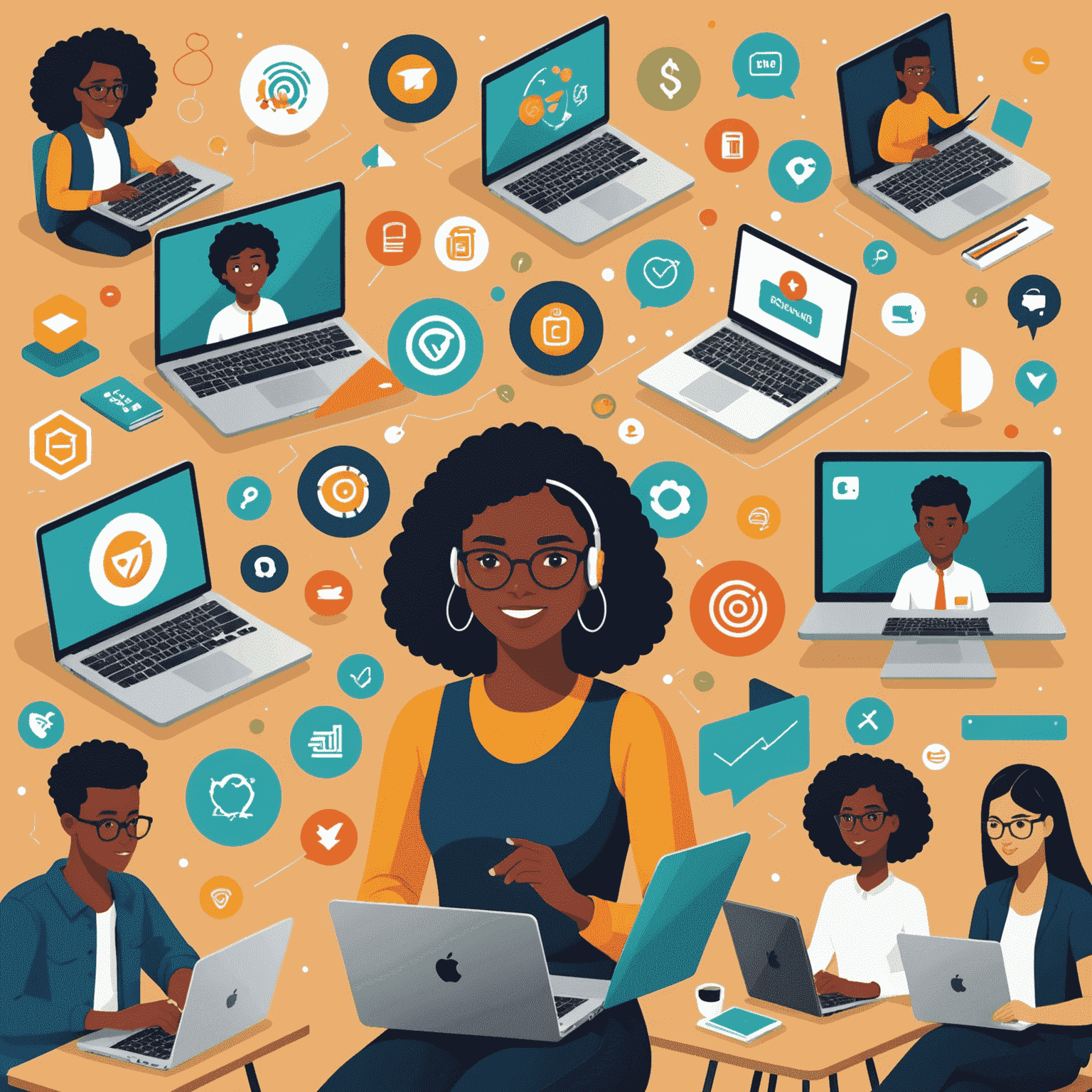 A collage of diverse students engaged in online learning, using laptops and tablets, with icons representing gamification elements and adaptive learning algorithms