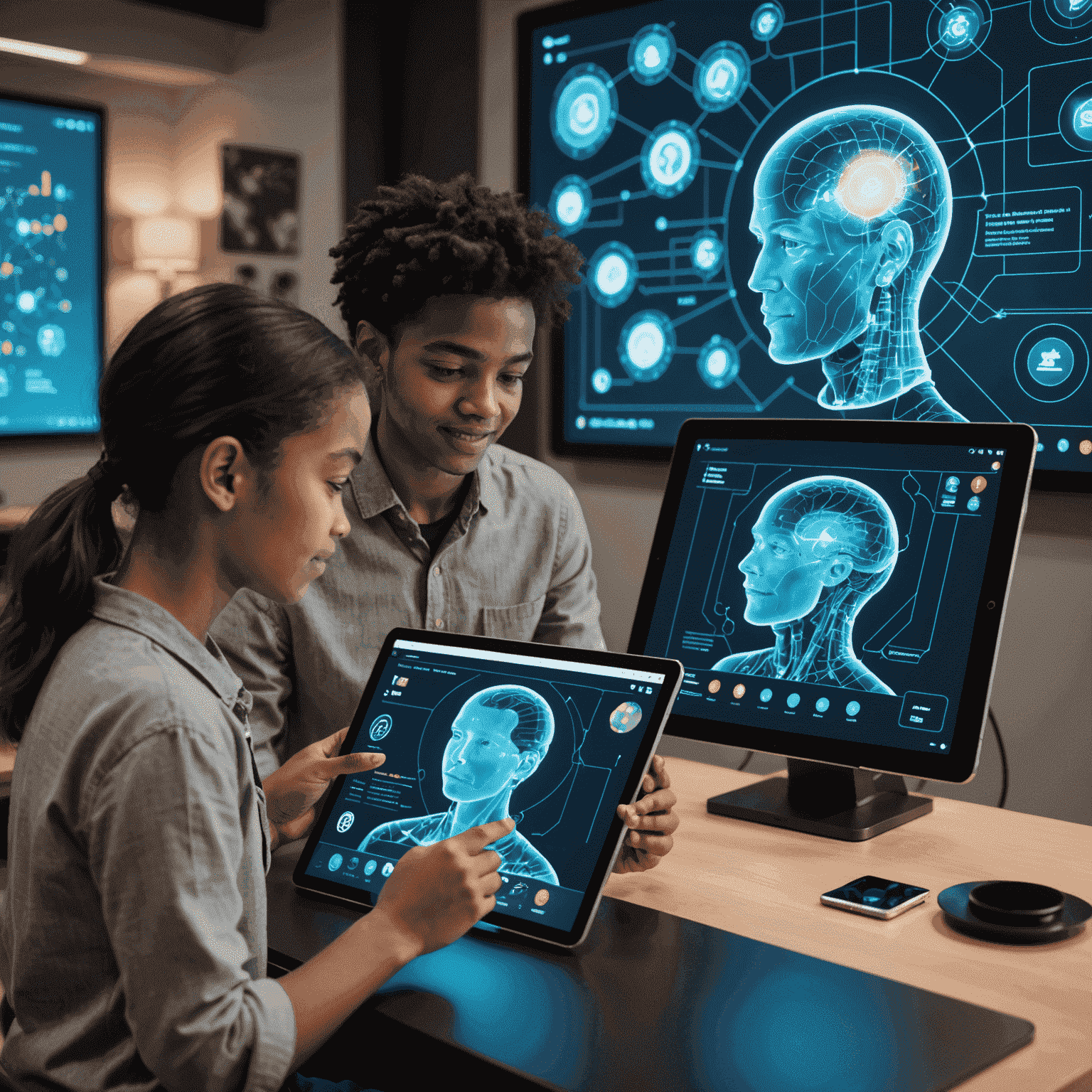 A student interacting with an AI learning assistant on a tablet, with holographic projections of educational content surrounding them