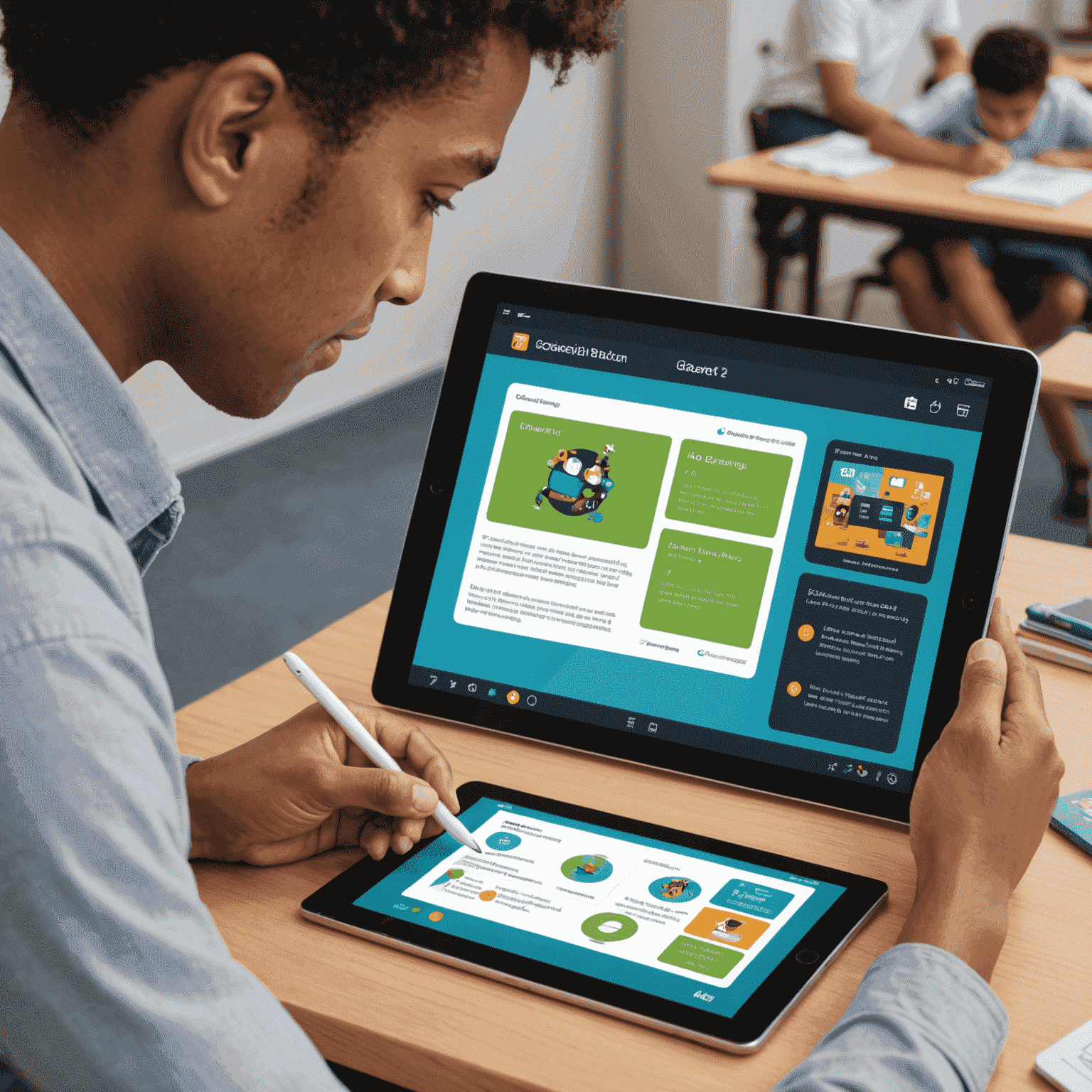 A split-screen image showing a student interacting with a gamified learning platform on a tablet. One side displays traditional educational content, while the other shows the same content transformed into an engaging, game-like interface with points, badges, and progress bars.