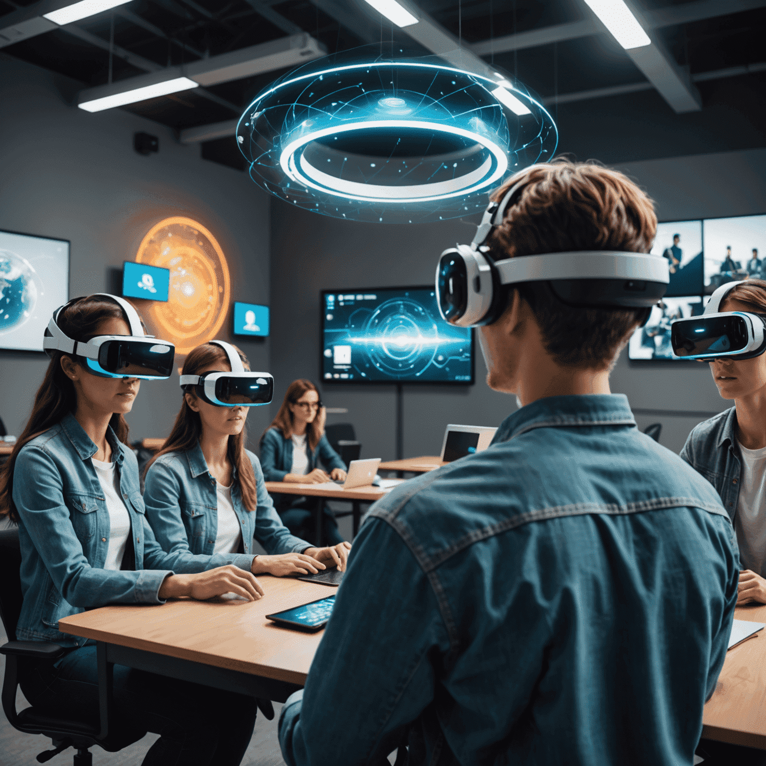 A futuristic virtual classroom showing students using VR headsets and interacting with holographic displays, symbolizing the next generation of online learning technology