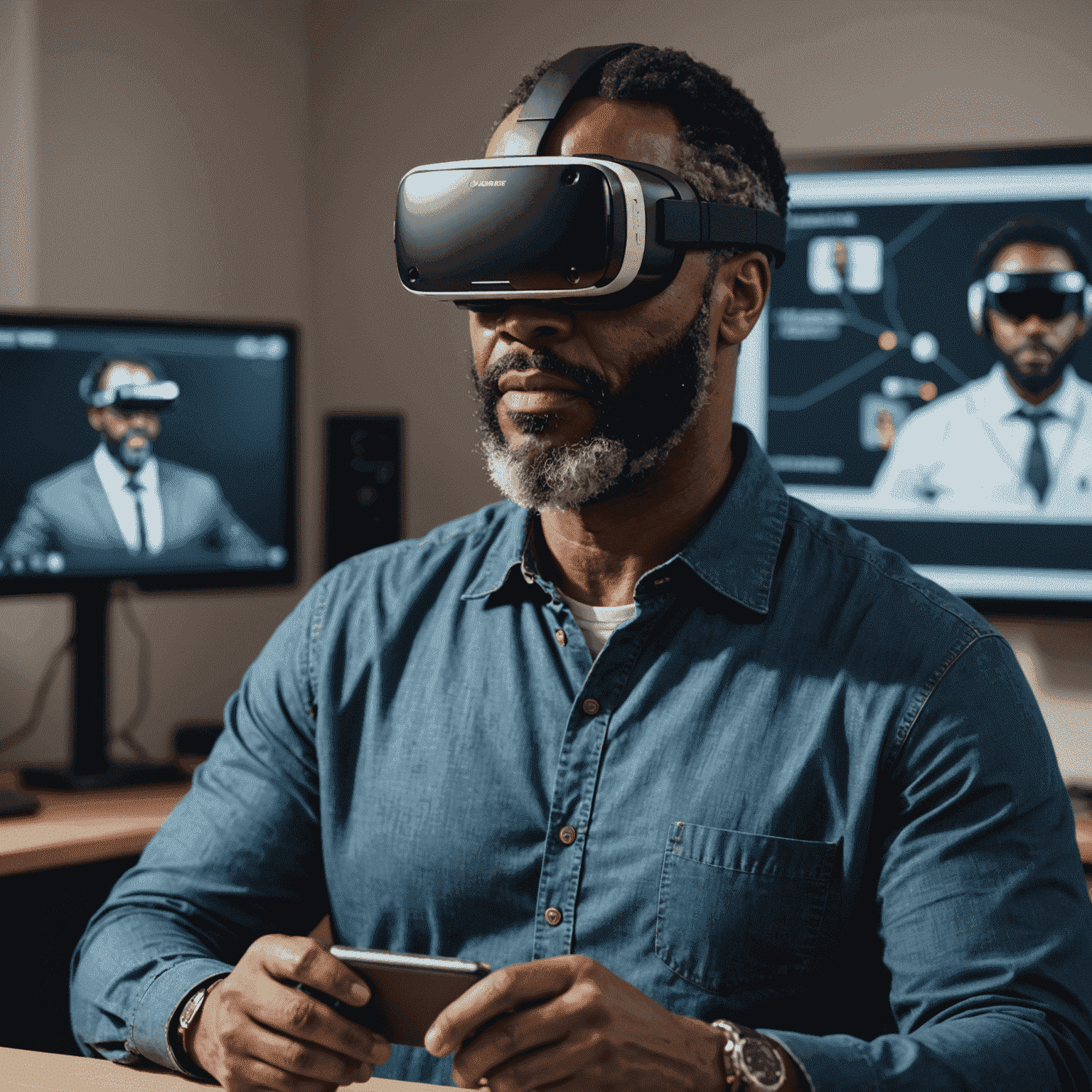 Professor James Williams, an African American man in his 50s with a beard, demonstrating a VR educational application