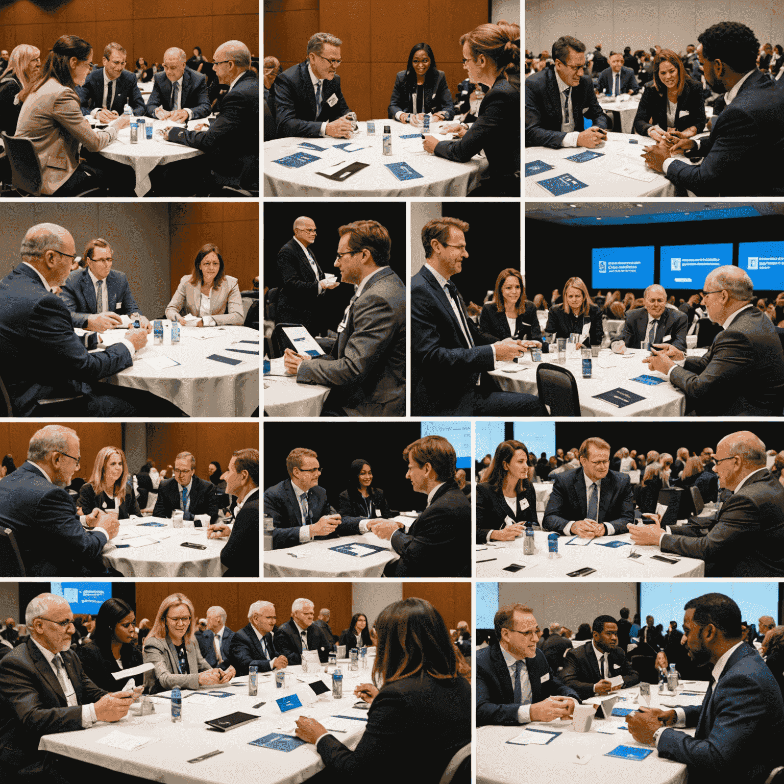 A collage of networking activities: professionals exchanging business cards, engaging in roundtable discussions, and participating in a speed networking event. The image showcases the diversity of attendees and the high-tech environment of the conference.