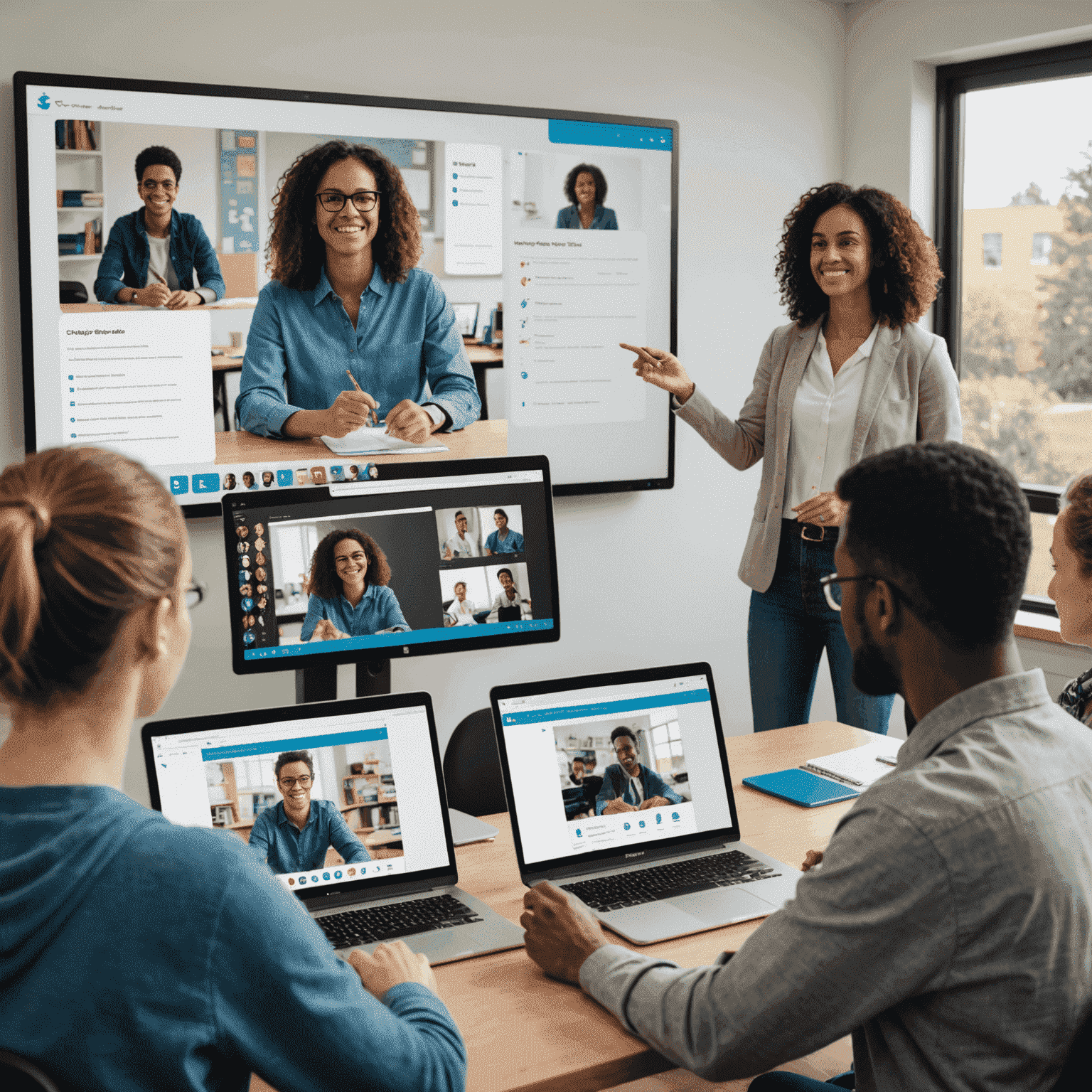 A split-screen view of a teacher conducting a virtual class, with students visible in video chat windows, interactive whiteboards, and real-time collaboration tools