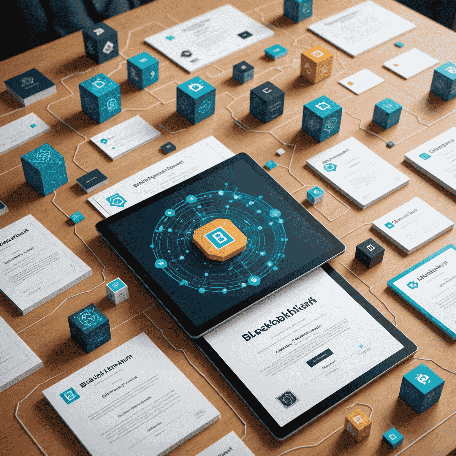 A visual representation of a blockchain network with educational certificates and diplomas floating as digital assets