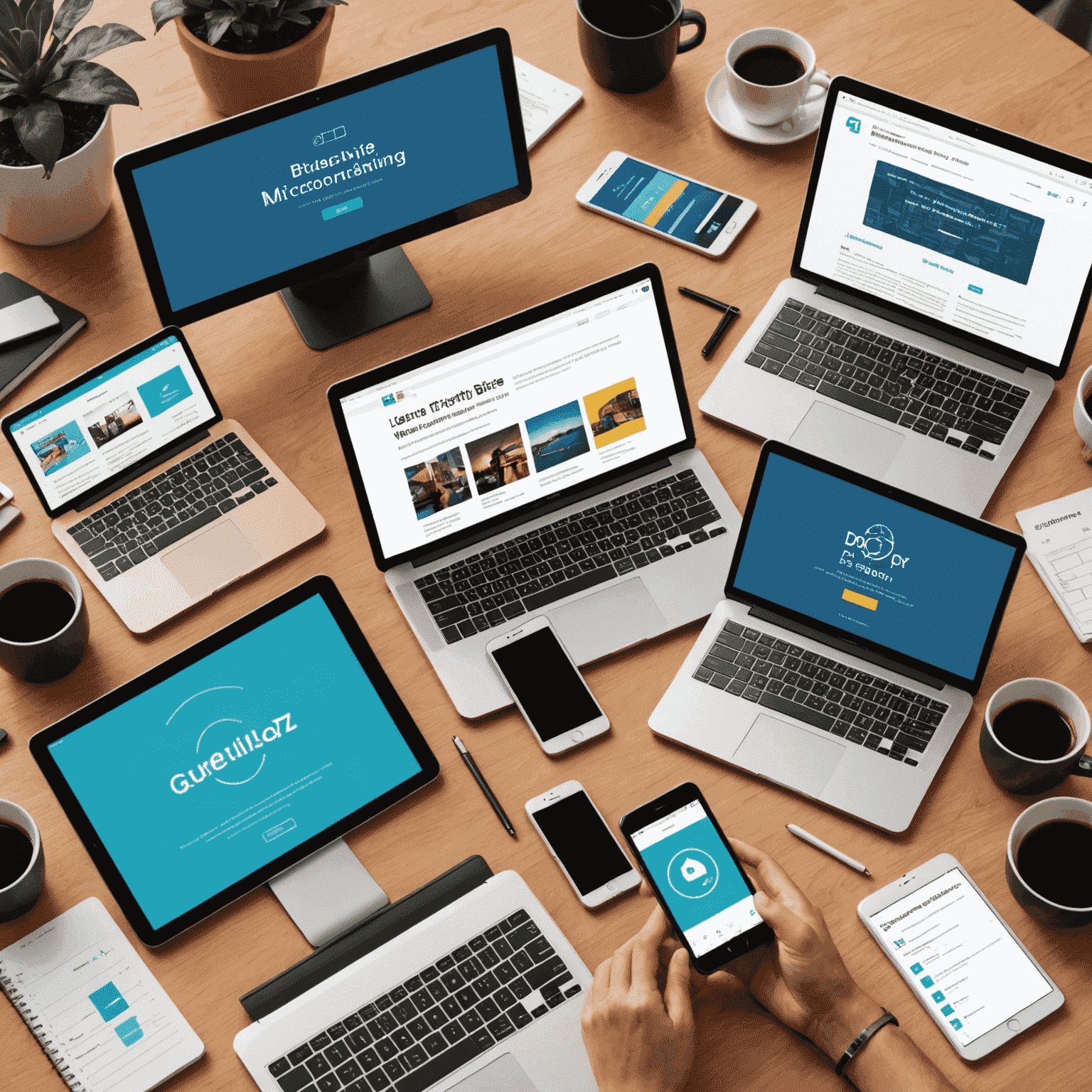 A collage of various digital devices displaying bite-sized learning content. The image shows smartphones, tablets, and laptops with short video lessons, interactive quizzes, and infographics, emphasizing the accessibility and diversity of microlearning formats.