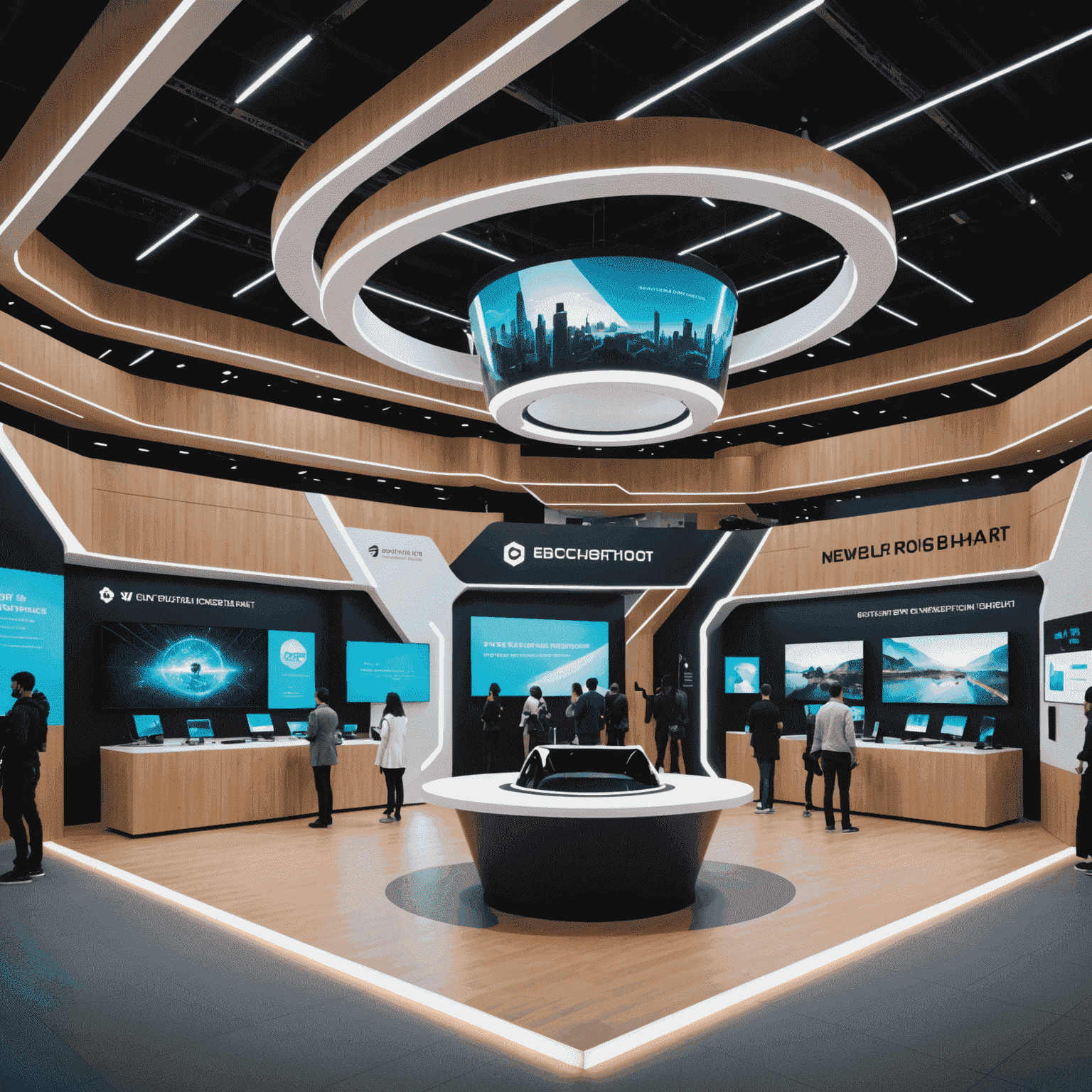 Futuristic exhibition hall with booths showcasing cutting-edge EdTech products and virtual reality demonstrations
