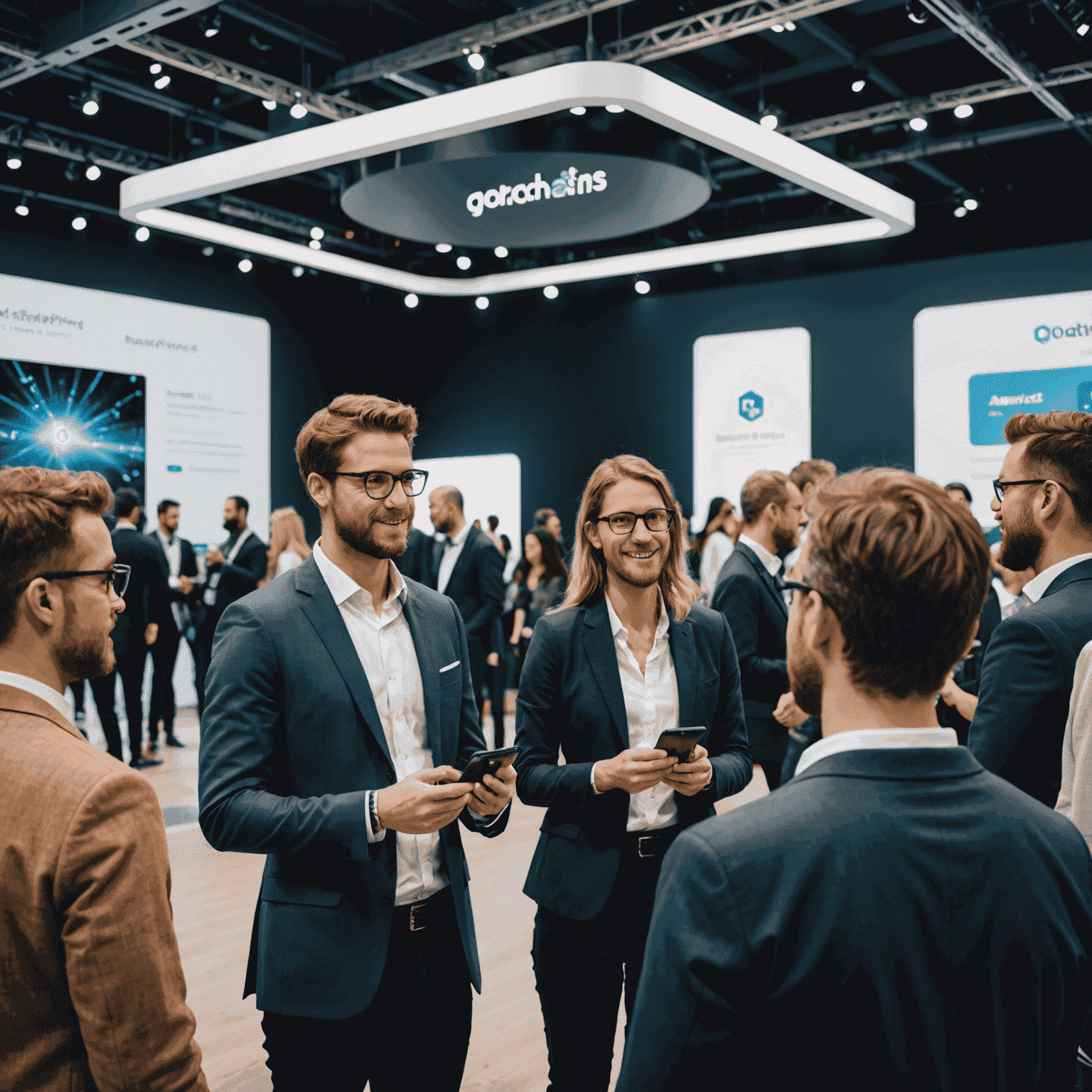 Mixed reality networking space with avatars and real attendees interacting, sharing digital business cards