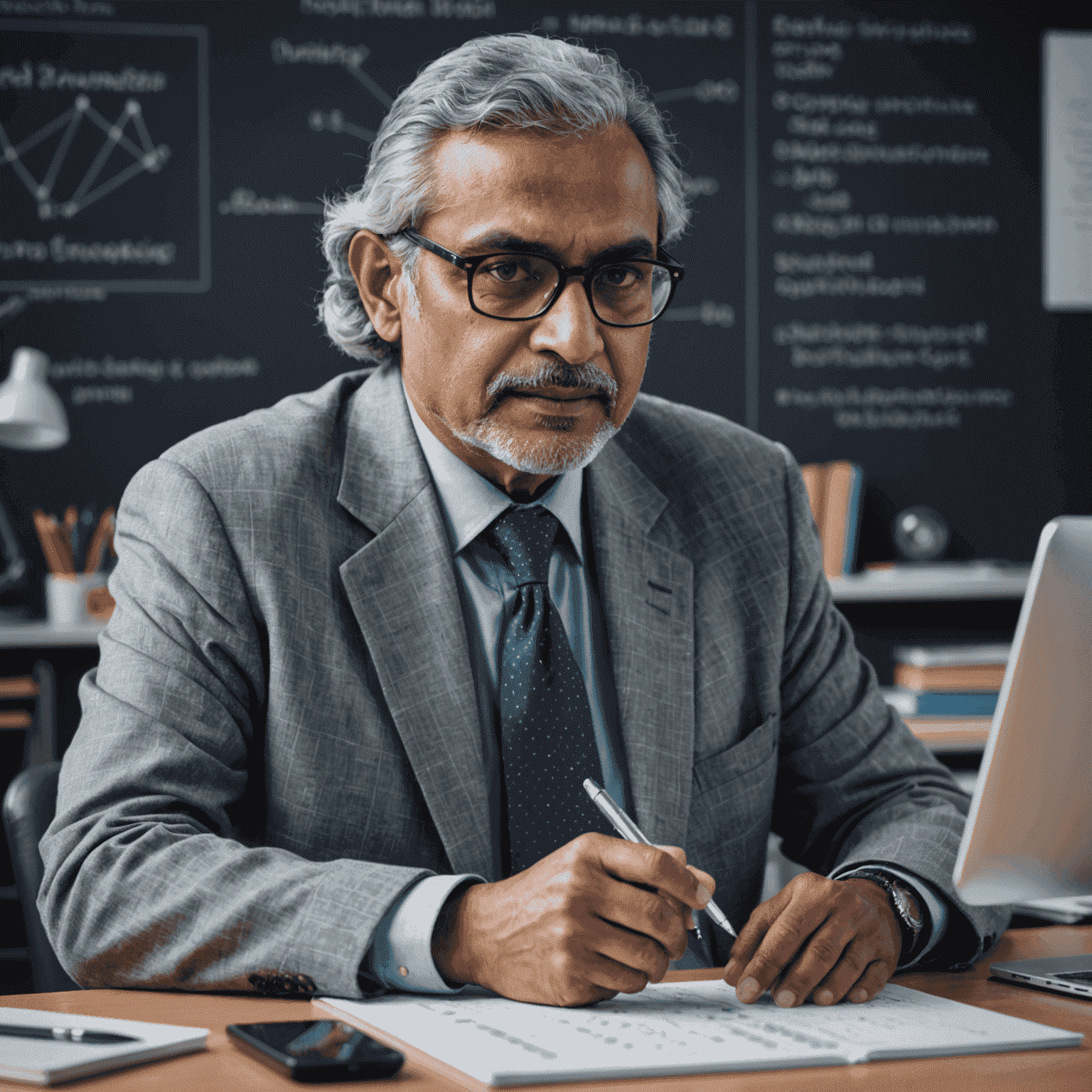 Dr. Rajesh Patel, an Indian man in his 60s with gray hair and glasses, discussing data analytics in education