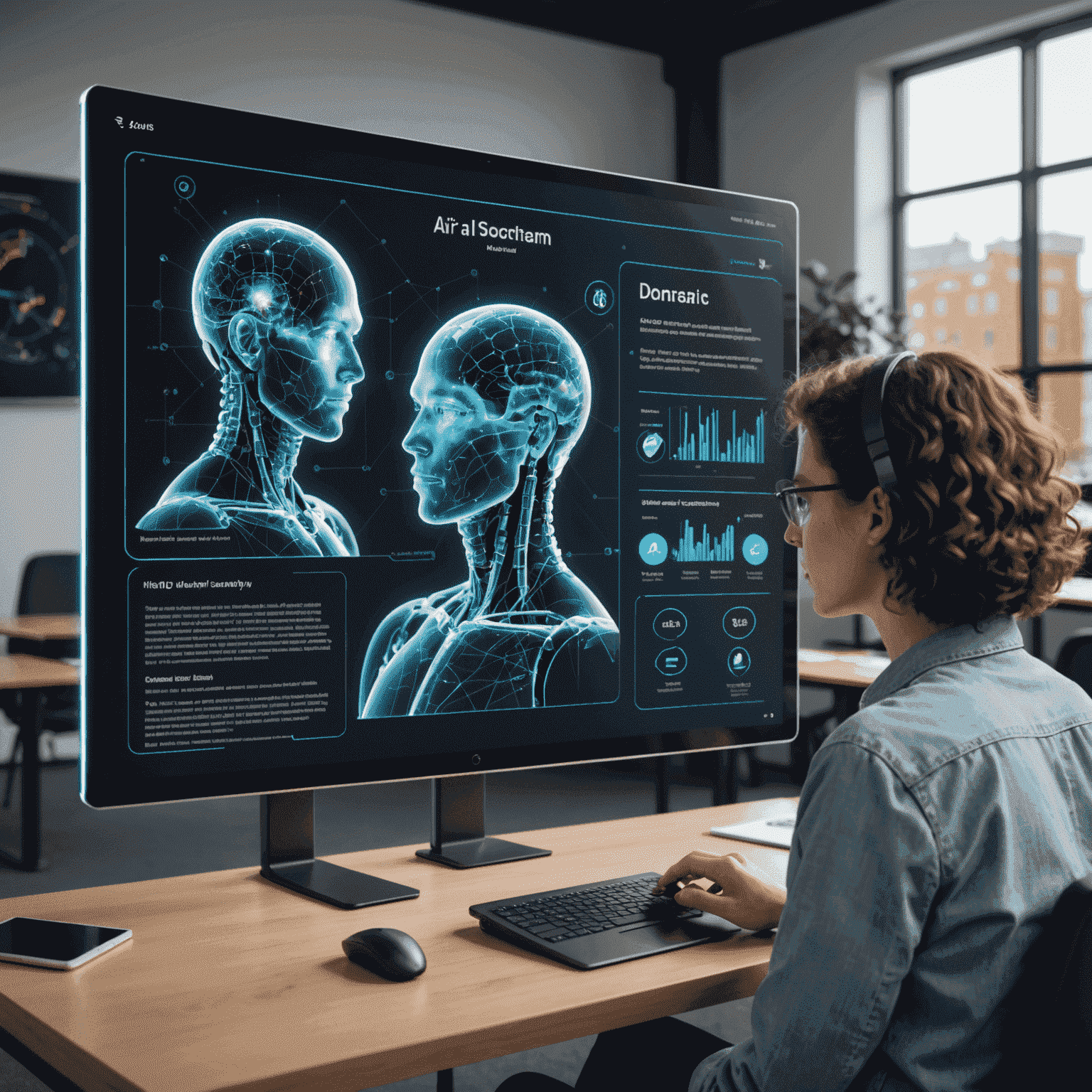 Holographic display showing AI-powered educational analytics and student outcome predictions