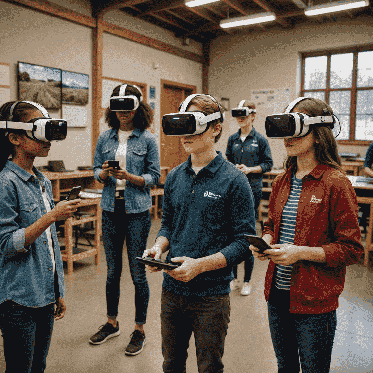 VR EduScape demonstration with students using VR headsets to explore historical environments and scientific simulations